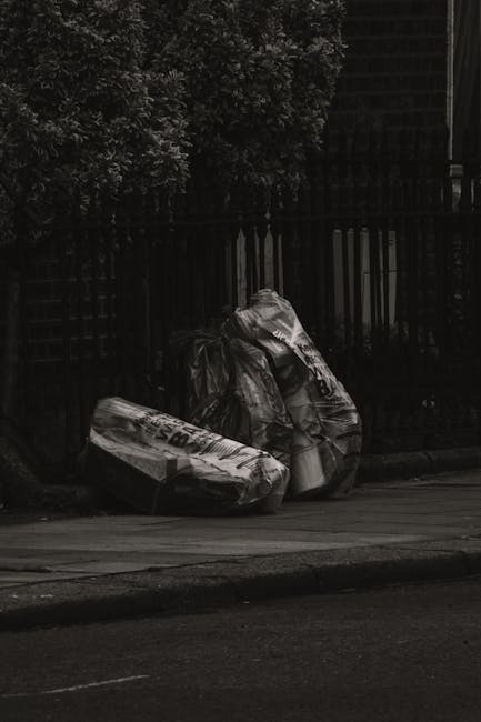 A black wheeled rubbish bin with a white label and the text 'ST. JOHN'S' on the front is positioned on a pavement curbside along a quiet street at night. The bin is filled with various discarded waste
